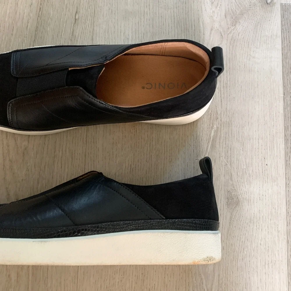 Vionic Zinah Black Leather Suede Slip On Sneakers Womens 10 Orthotic Platform